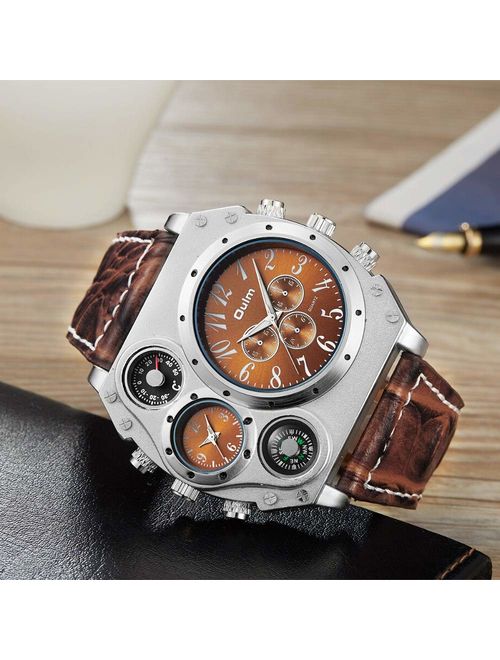 Avaner Mens Big Face Watch, Unique Cool Military Wrist Watch, Dual Time Zone Leather Strap Sport Watch, Analog Quartz Display with Decorative Compass Thermometer Dial
