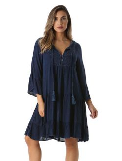 Riviera Sun Short Flowy Casual Dress with Crochet Front & Bell Sleeves