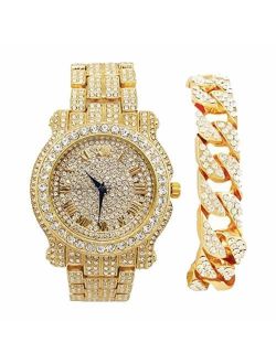 Bling-ed Out Round Luxury Mens Watch w/Bling-ed Out Cuban Bracelet - L0504B - Cuban Gold