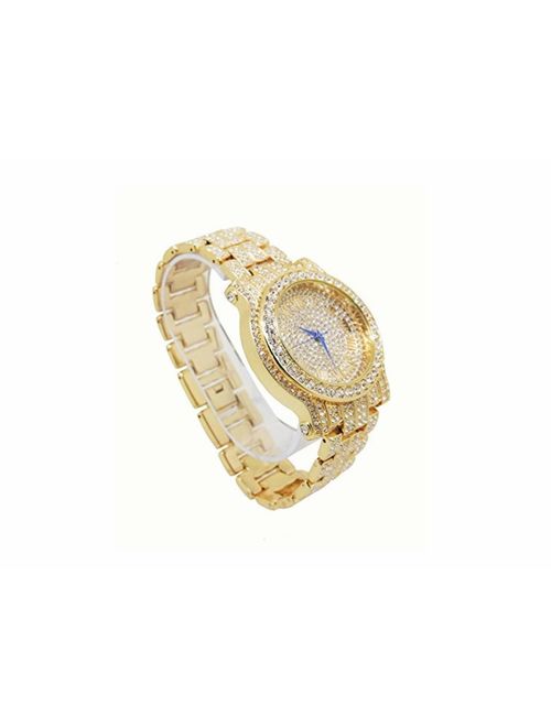 Bling-ed Out Round Luxury Mens Watch w/Bling-ed Out Cuban Bracelet - L0504B - Cuban Gold