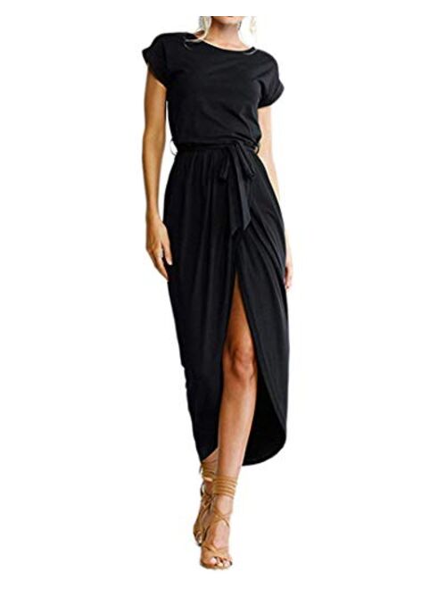Qearal Women Short/3/4 Sleeve Belted Dress Elastic Waist Slit Long Maxi Dress