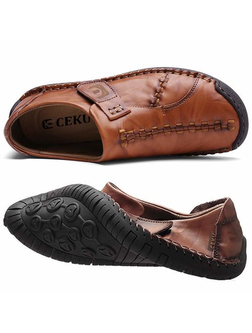 CEKU Men's Driving Causal Loafers Slip on Leather Handmade Flats Classic Comfortable Oxford Walking Shoes