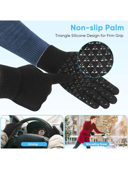 FRETREE Winter Gloves for Men- Touchscreen Warm Knit Gloves with Thickened Cuff & Anti-Slip Palm for Women, 3 Finger Touchscreen for Texting & Driving