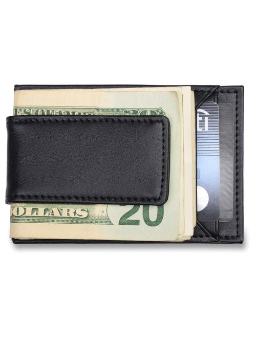 Men's Credit Card Holder & Money Clip - Black Leather Wallet, Fits Front Pocket