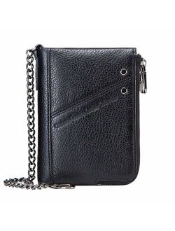 Contacts RFID Mens Genuine Leather Double Zipper Pocket Bifold Coin Wallet with Anti-Theft Chain