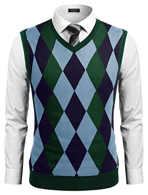 COOFANDY Men's Casual Slim Fit V-Neck Rhombus Knitwear Sleeveless Pullover Sweater Vest