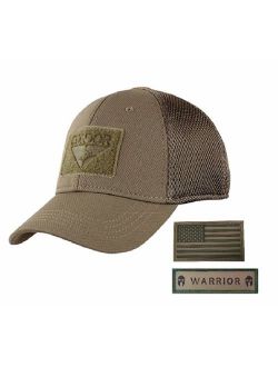 Condor Flex Mesh Cap (Brown) + PVC Flag & Warrior Patch, Highly Breathable Fitted Tactical Operator Hat