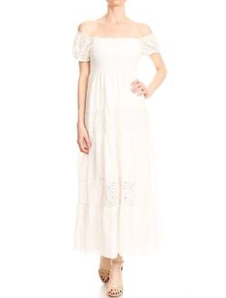 ANNA-KACI Off Shoulder Boho Lace Semi Sheer Smocked Maxi Long Dress