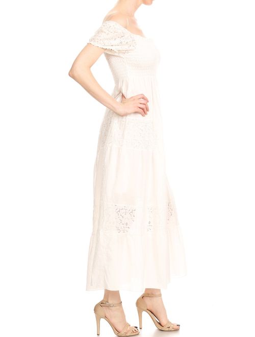 Anna Kaci ANNA-KACI Off Shoulder Boho Lace Semi Sheer Smocked Maxi Long Dress