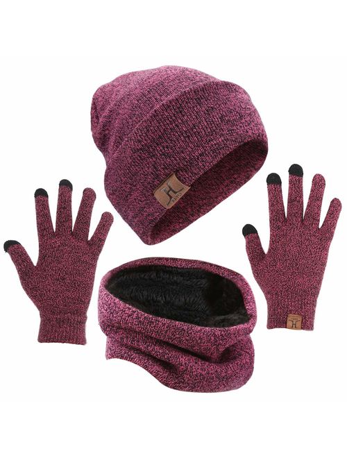 mysuntown Winter Hat Beanie Scarf Gloves 1-3 Pieces Womens Hat and Glove Set Soft Thick Knit Skull Cap for Men Women