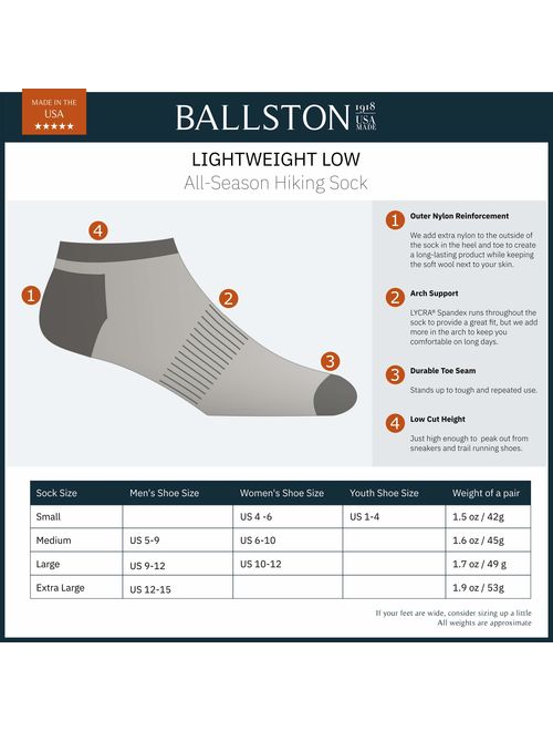 Ballston 81% Merino Wool All Season Low Hiking Socks - 4 Pairs for Men and Women
