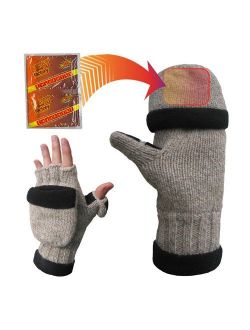 Heat Factory Fleece-Lined Ragg Wool Gloves with Fold-Back Finger Caps and Hand Heat Warmer Pockets, Men's