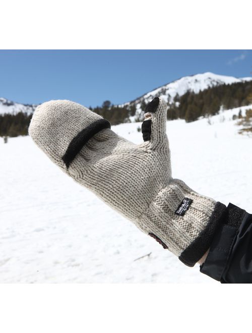 Heat Factory Fleece-Lined Ragg Wool Gloves with Fold-Back Finger Caps and Hand Heat Warmer Pockets, Men's