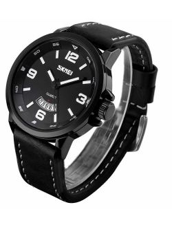 Men's Business Waterproof Quartz Dress Watch, Casual Fashion Analog Wrist Watch Classic Calendar Date Window, Resistant Comfortable Unique PU Leather Watches
