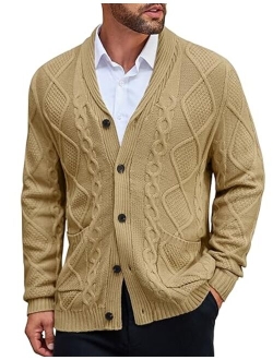 Men's Shawl Collar Cardigan Sweater Slim Fit Merish Aran Button Down Cable Knitted Sweater with Pockets