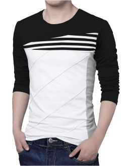 uxcell Men's Color Block Striped Panel Round Neck Long Sleeve Pullover T-Shirt