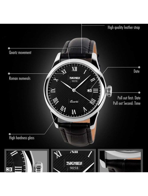 Mens Fashion Waterproof Quartz Analog Dress Watch, Roman Numeral Luxury Business Casual Analog Wrist Watch Classic Calendar Date Window Leather Watches