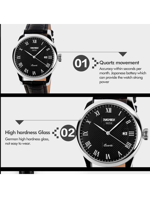 Mens Fashion Waterproof Quartz Analog Dress Watch, Roman Numeral Luxury Business Casual Analog Wrist Watch Classic Calendar Date Window Leather Watches