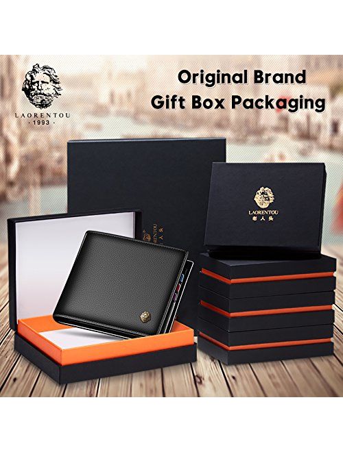 LAORENTOU Men's Wallets, Genuine Cow Leather RFID Blocking Gift Box Packaging Leather Mens Bifold Wallets with Zipper Coin Pocket Casual Men Purse Slim Short Wallet Gift 