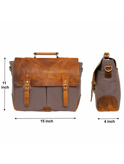 Rustic Town 15 inch Leather Canvas Laptop Messenger Briefcase Satchel Bag