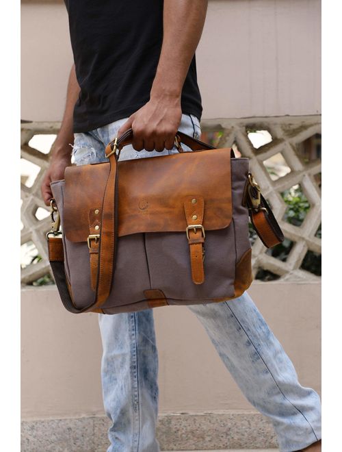 Rustic Town 15 inch Leather Canvas Laptop Messenger Briefcase Satchel Bag