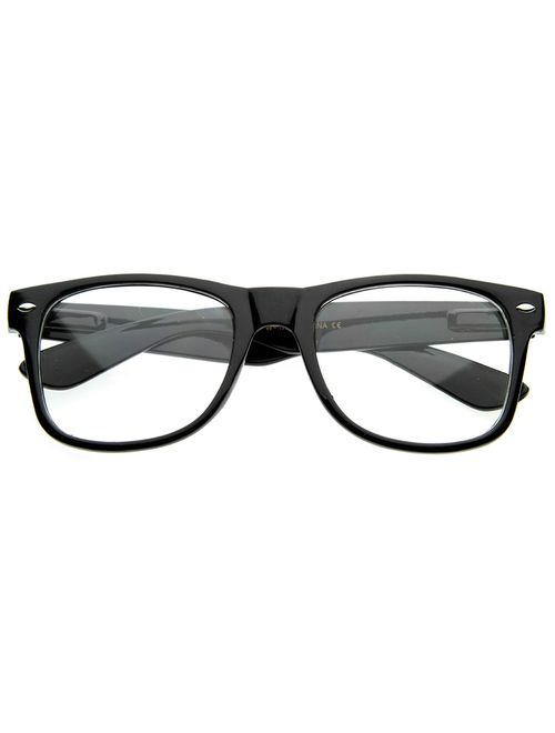 Standard Retro Clear Lens Nerd Geek Assorted Color Horn Rimmed Glasses (Black)