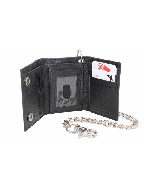 Mens Cowhide Leather Trucker Biker Trifold Steel Chain Wallet with Gift Box