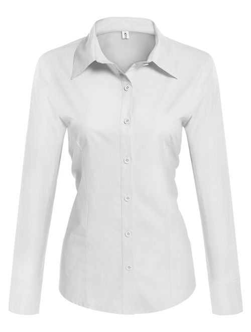 Hotouch Womens Cotton Basic Simple Button Down Shirt Slim Fit Formal Dress Shirts