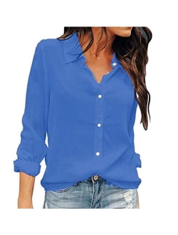 OMSJ Women Button Down Shirts Long Sleeve Chiffon Office V Neck Casual Business Blouses Tops