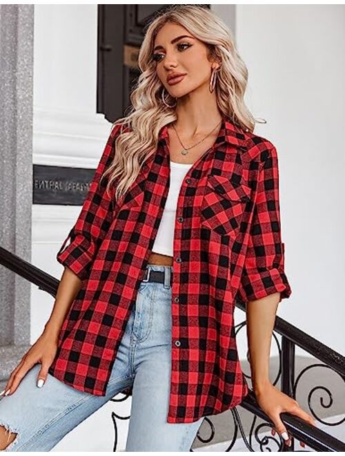 Zeagoo Womens Flannels Long/Roll Up Sleeve Plaid Shirts Cotton Check Gingham Top S-3XL