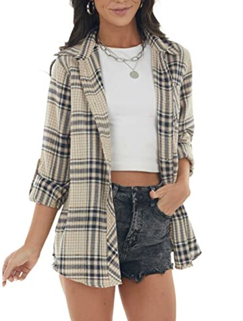 Buy NUOREEL Womens Casual Plaid Soft Button Down Tops Roll Up Long ...