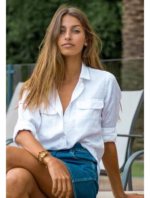CAMIXA Women's 100% French Linen Shirt Casual Blouses Pockets LooseTop