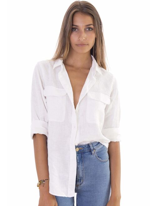 CAMIXA Women's 100% French Linen Shirt Casual Blouses Pockets LooseTop