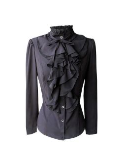 Shirts for Women Stand-Up Collar Vintage Victoria Ruffle Long Sleeve