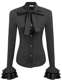 Zeagoo Women Bow Tie Neck Blouses Work Tops Long Sleeve Casual Button Shirts