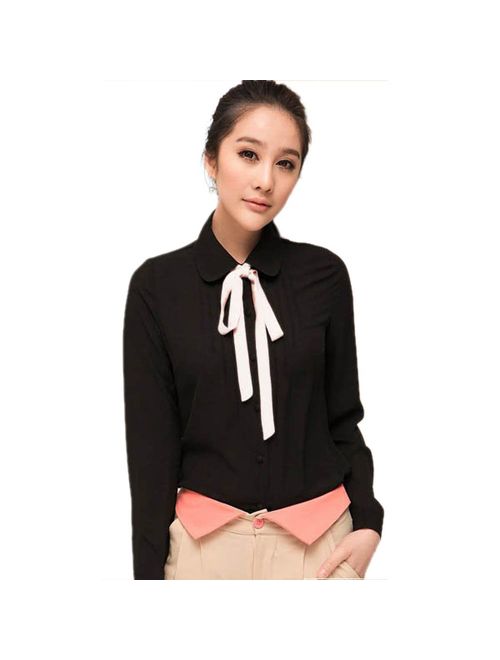 ETOSELL Lady Bowknot Baby Peter Pan Collar Shirt Womens Long Sleeve OL Button-Down Shirts White Blouses