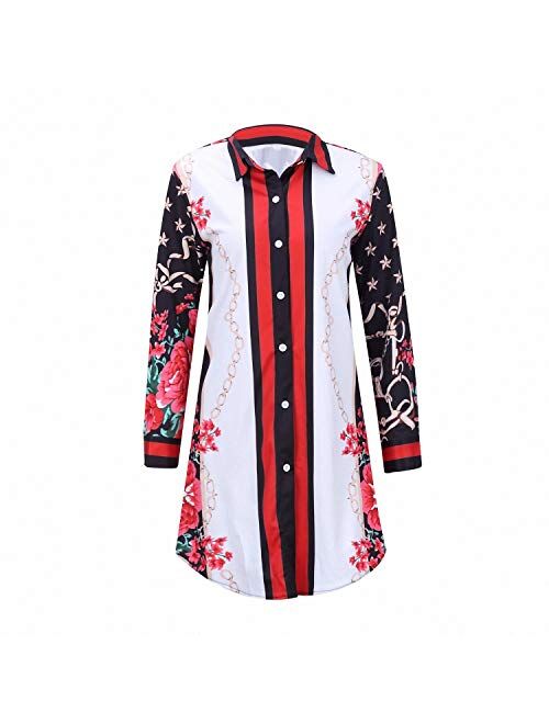 Remelon Womens Floral Print Button Down Collar Long Shirt Dress Blouse Mini Dress