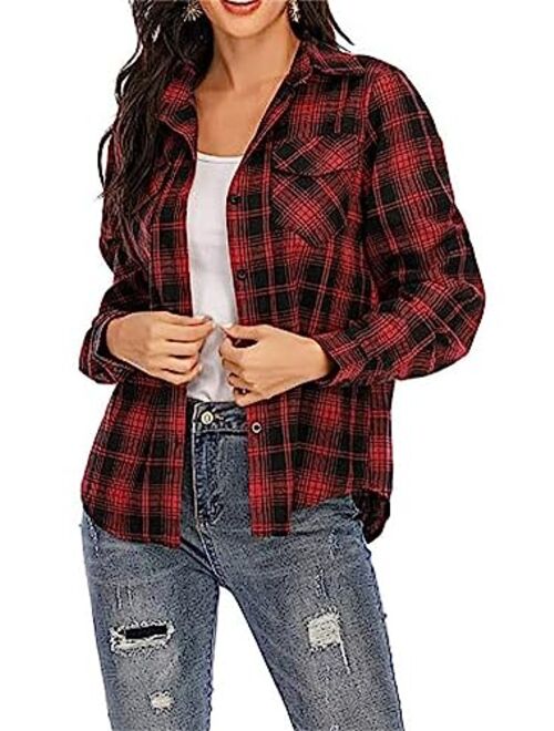 Sorrica Women's Casual Loose Long Sleeve Plaid Flannel Blouse Shirt