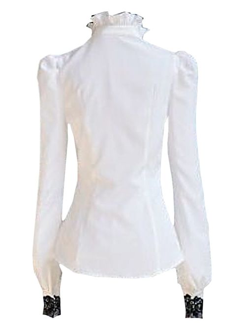 Choies Women's Vintage White with Black Lace Stand-Up Collar Puff Long Sleeve Shirt