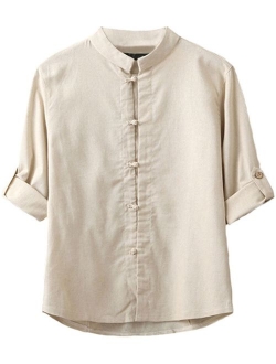 Plaid&Plain Men's Linen Cotton Mandarin Collar Roll-Up Sleeve Frog-Button Shirt