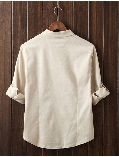 Plaid&Plain Men's Linen Cotton Mandarin Collar Roll-Up Sleeve Frog-Button Shirt