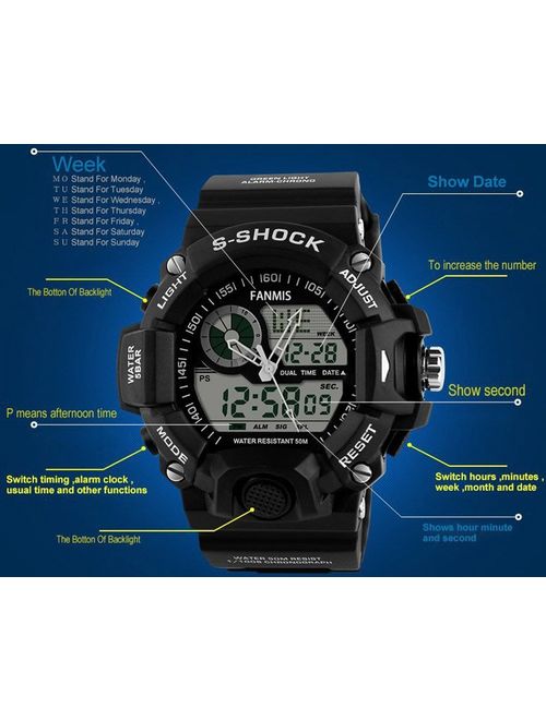 Mens Analog Digital Dual Display Sports Watches Military Multifunctional 50M Waterproof LED Watch with Alarm Stopwatch Backlight 12H/24H Outdoor Running Swimming