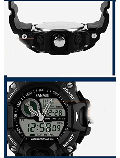 Mens Analog Digital Dual Display Sports Watches Military Multifunctional 50M Waterproof LED Watch with Alarm Stopwatch Backlight 12H/24H Outdoor Running Swimming