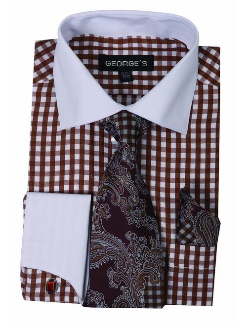George's Small Check Fashion Shirt with Matching Tie, Hankie and French Cuffs AH615