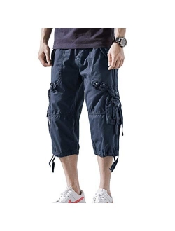 AOYOG Mens Cargo Shorts 3/4 Relaxed Fit Below Knee Capri Cargo Short Cotton