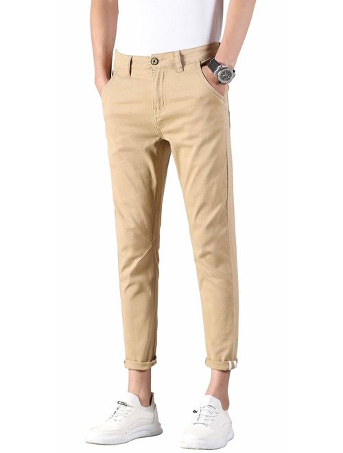 Plaid&Plain Men's Slim Fit Khaki Pants Stretch Cropped Chino Pants