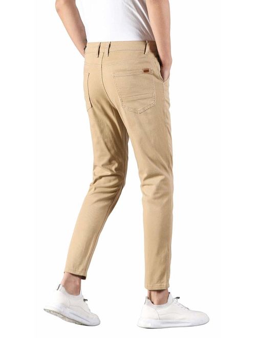 Plaid&Plain Men's Slim Fit Khaki Pants Stretch Cropped Chino Pants