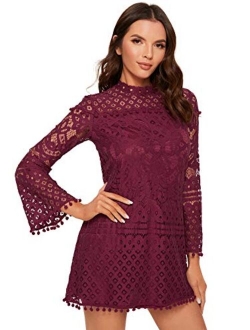 Women's Crochet Pom-pom Sheer Lace Bell Sleeve Dress