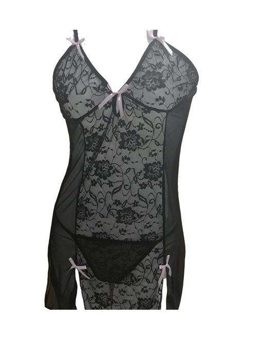 Dreamsoar Women V-Neck Lace Babydoll Mesh Chemise Sleepwear Lingerie Set Black