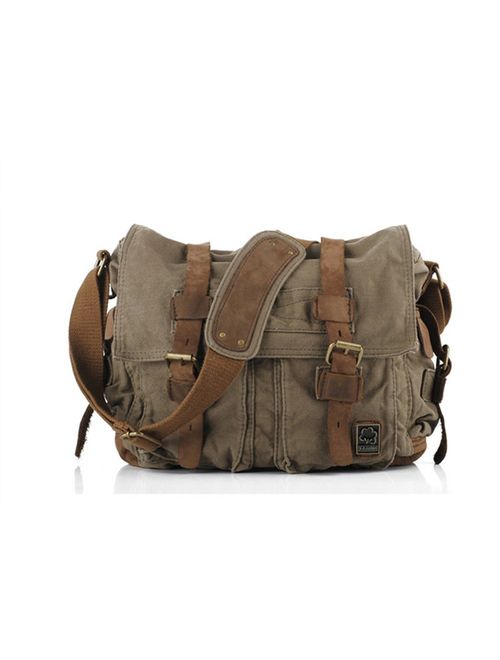 Sechunk Vintage Military Leather Canvas Laptop Bag Messenger Bags Medium 